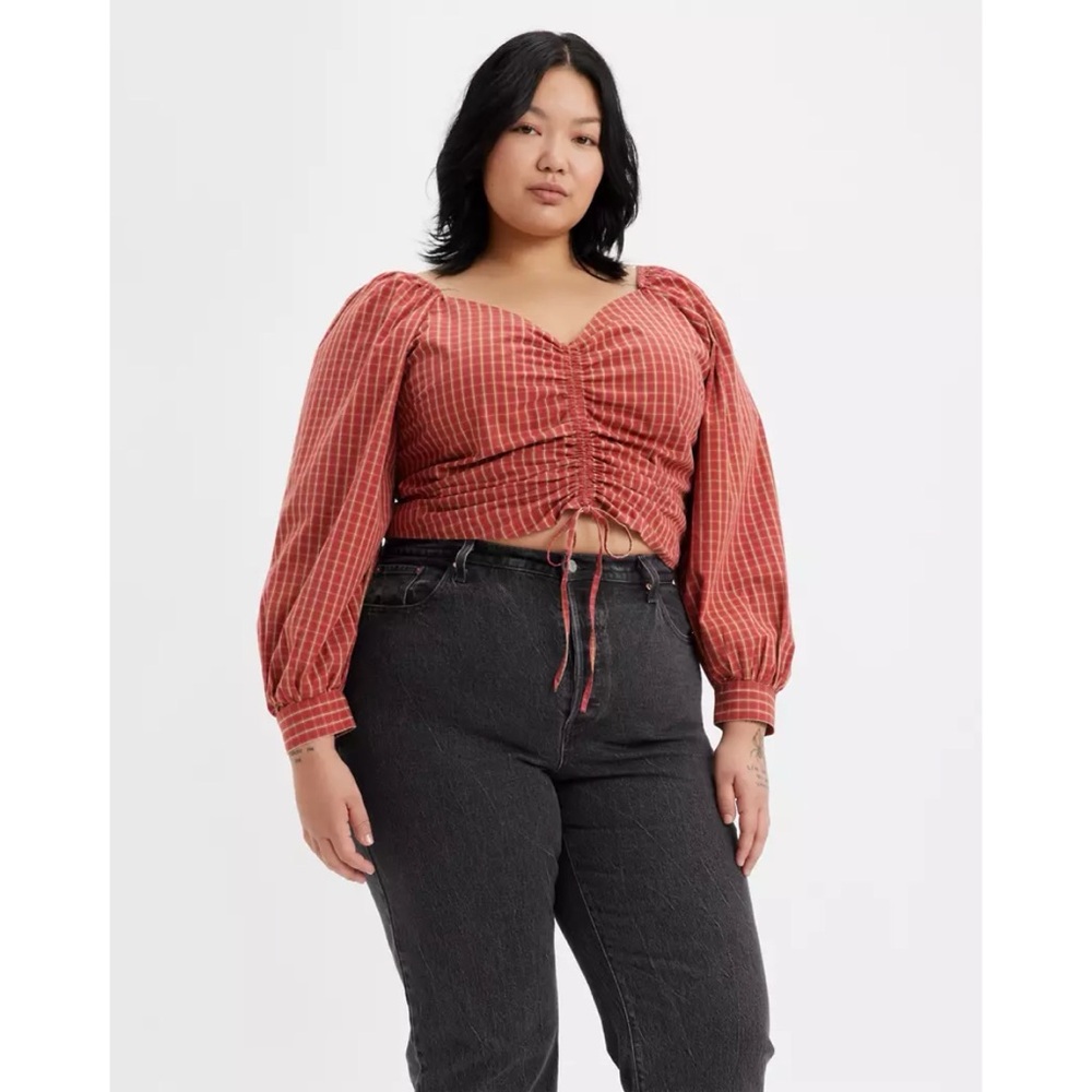 NWT Levi’s Devin Blouse Zelda Plaid Red Long Sleeve Crop Top Fall 100% Cotton